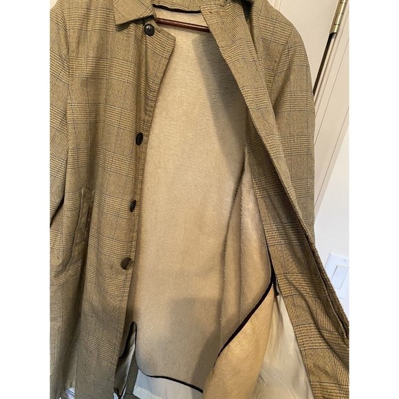 Tan Plaid Men's 40 or Large Vintage Overcoat Trench Coat Zip Out Lining - Picture 6 of 8